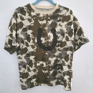 Modern Lux Brown Cow‎ Print Tie Dye Horseshoe Patch T-Shirt XS Western Boho